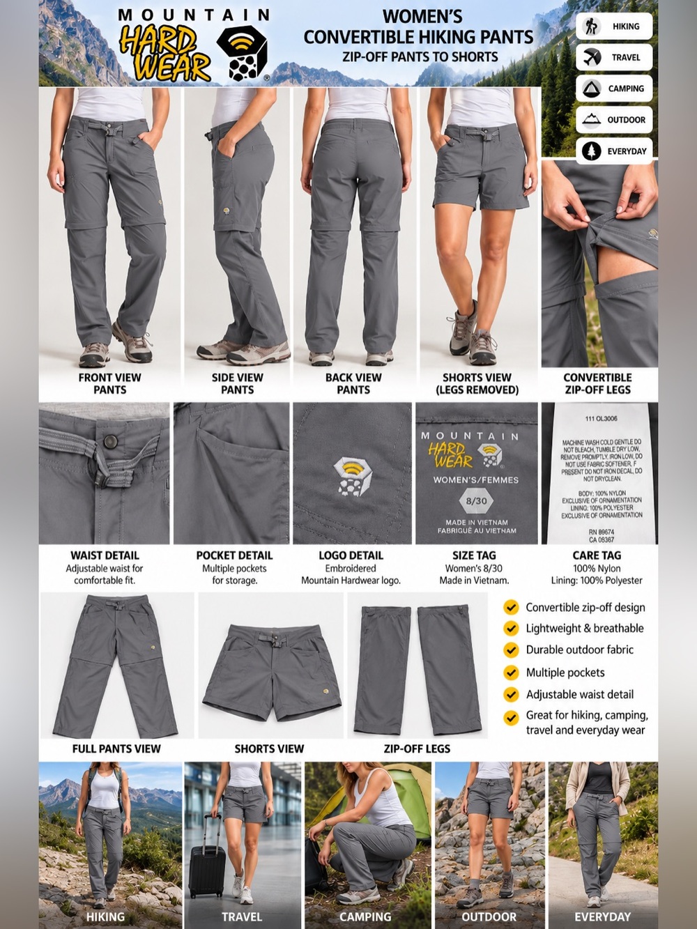Mountain Hardwear Women’s 8/30 gray Convertible Zip Off Hiking Pants Shorts